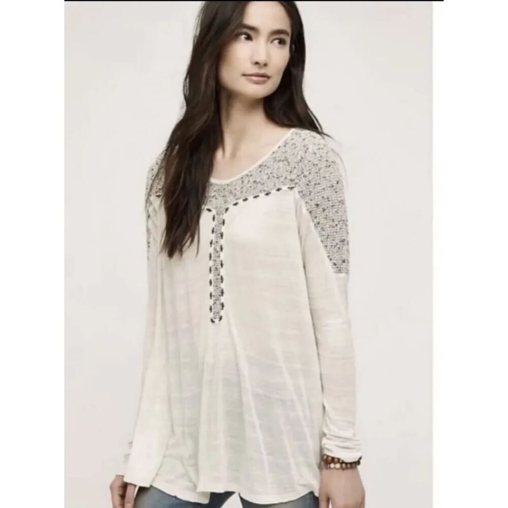 Meadow Rue Anthropologie Long Sleeve Clorinde Crochet Tunic Top Cream Large